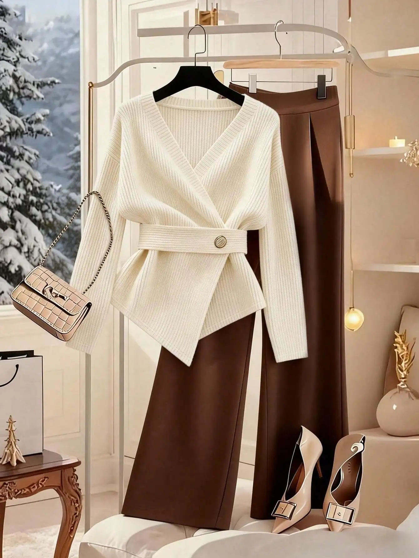 Cream Ribbed Wrap Cardigan with Belt & Brown Wide-Leg Pants Set
Cream Ribbed Wrap Cardigan with Belt & Brown Wide-Leg Pants Set