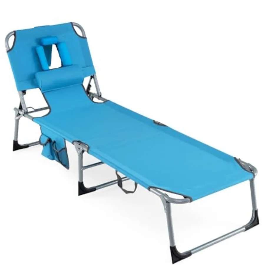 Outdoor tanning chair with face hole, folding beach lounge chair in blue, 4-position adjustable backrest, pillow and side pocke
Outdoor tanning chair with face hole, folding beach lounge chair in blue, 4-position adjustable backrest, pillow and side pocke