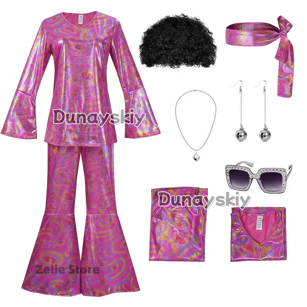 70s Disco Party Costume Women Pink Holographic Swirl Print Top Flare Pants Set Retro Cosplay Outfit For Halloween Themed Party
70s Disco Party Costume Women Pink Holographic Swirl Print Top Flare Pants Set Retro Cosplay Outfit For Halloween Themed Party