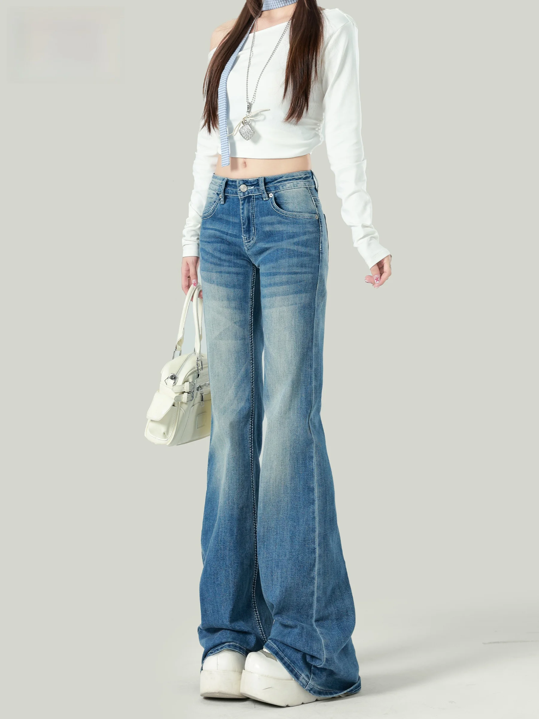 Retro High Waist Bell Bottom Jeans Women's No Stretch Slimming Floor Length Trousers Casual Style Button Craft Standard Fit
Retro High Waist Bell Bottom Jeans Women's No Stretch Slimming Floor Length Trousers Casual Style Button Craft Standard Fit