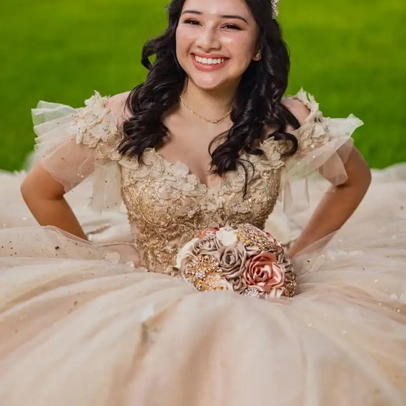 Customized Shiny champagne color Off Shoulder Quinceanera Dress applique Tull 3D flower vestidos de 15 Quinceanera
Customized Shiny champagne color Off Shoulder Quinceanera Dress applique Tull 3D flower vestidos de 15 Quinceanera 