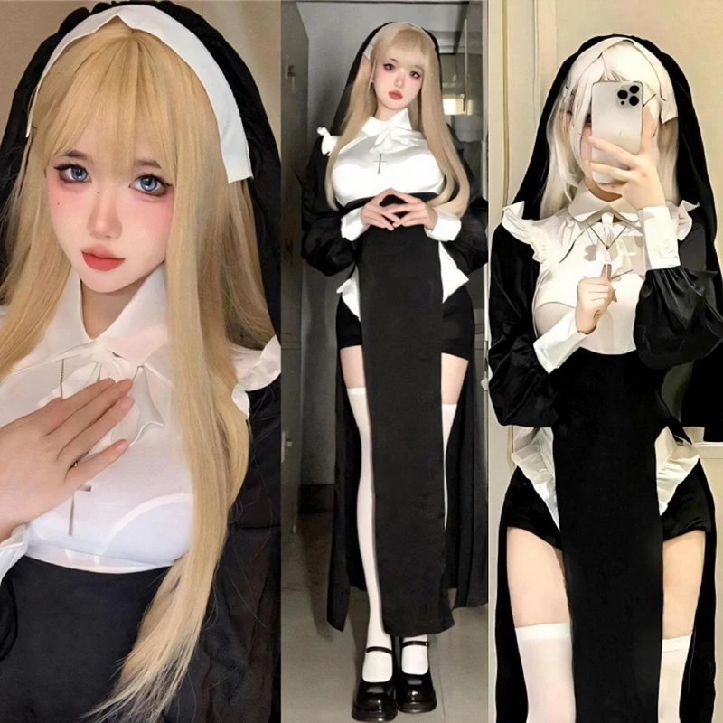 Новый аниме, милый женский костюм монахини, косплей, наряд для шоу, сексуальный женский костюм на Хэллоуин, черное нарядное платье, униформа сестры Cos
Новый аниме, милый женский костюм монахини, косплей, наряд для шоу, сексуальный женский костюм на Хэллоуин, черное нарядное платье, униформа сестры Cos