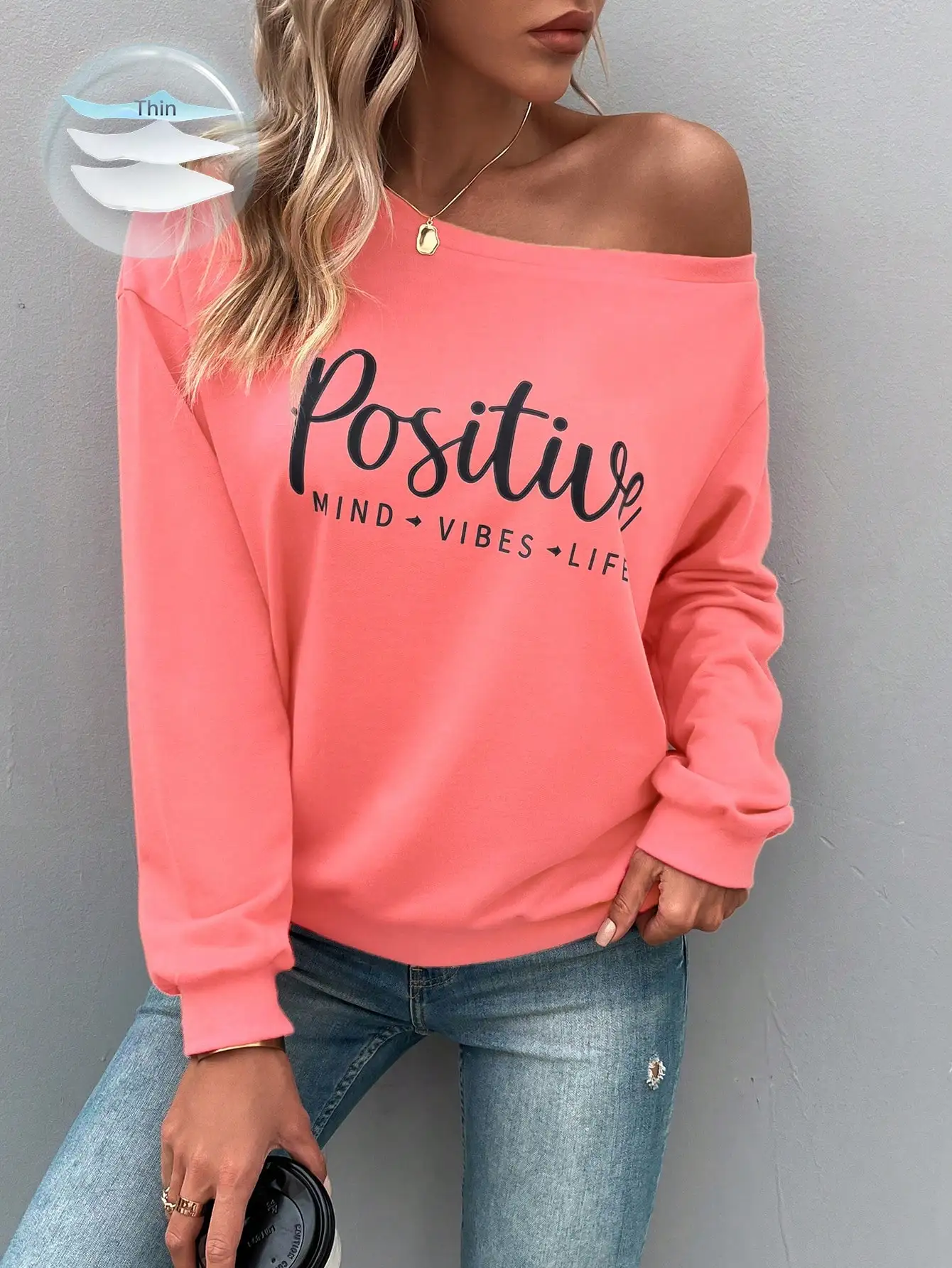 Pink Off Shoulder Sweatshirt with Positive Graphic, Long Sleeve Drop Shoulder Pullover for Fall Casual Outfits
Pink Off Shoulder Sweatshirt with Positive Graphic, Long Sleeve Drop Shoulder Pullover for Fall Casual Outfits