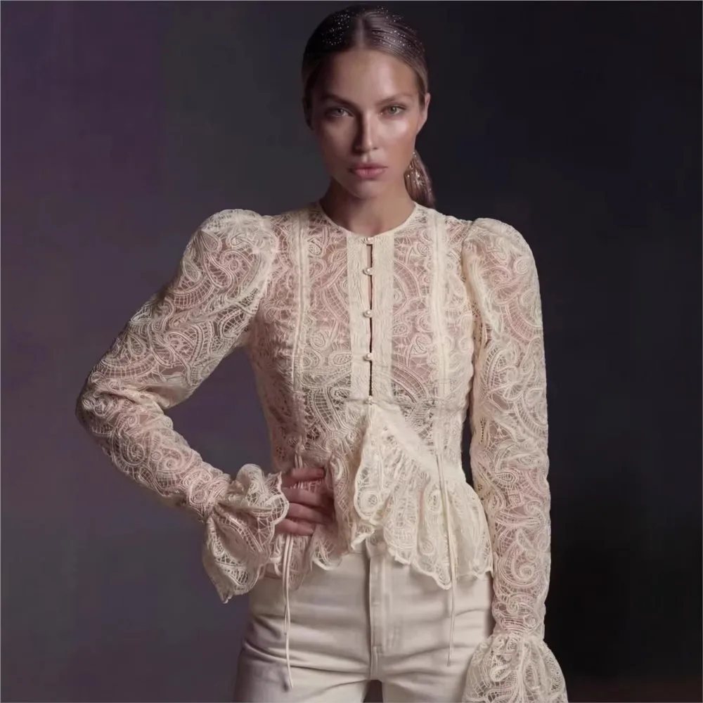 A-line Shirts Blouse For Woman Tighten Waist Round Neck Flared Sleeve Retro Temperament Women's Clothing Top Ladies Lace Fashion
A-line Shirts Blouse For Woman Tighten Waist Round Neck Flared Sleeve Retro Temperament Women's Clothing Top Ladies Lace Fashion