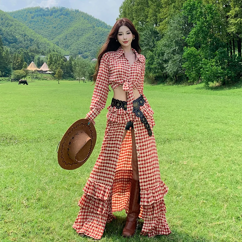 Red Plaid Short Shirt Top And Half Skirt Set Women's Street Style Floral Long Dress Casual Travel Polyester Fiber
Red Plaid Short Shirt Top And Half Skirt Set Women's Street Style Floral Long Dress Casual Travel Polyester Fiber