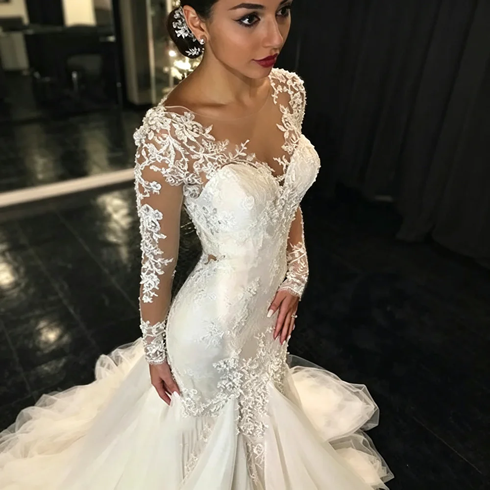 Long Sleeve Mermaid Wedding Dresses Sheer V Neck Lace Appliques Illusion Back Bridal Gown Sweep Train Tulle Vestido De Novia
Long Sleeve Mermaid Wedding Dresses Sheer V Neck Lace Appliques Illusion Back Bridal Gown Sweep Train Tulle Vestido De Novia