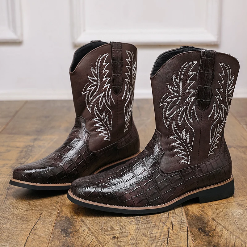 Мужские ковбойские сапоги в западном стиле с низким каблуком, круглым носком, из искусственной кожи, с вышивкой, модные классические высокие сапоги-казаки для мужчин
Мужские ковбойские сапоги в западном стиле с низким каблуком, круглым носком, из искусственной кожи, с вышивкой, модные классические высокие сапоги-казаки для мужчин