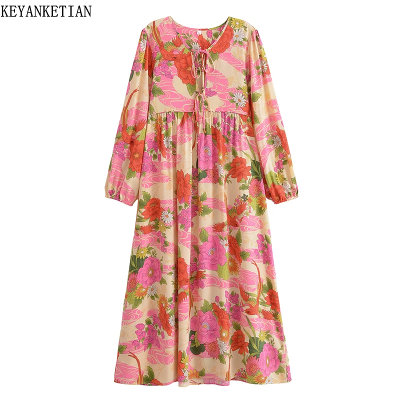 KEYANKETIAN New Women's Round Neck Lace up Lantern Long Sleeved Loose Printed Dress With Vacation Style Casual Long Skirt
KEYANKETIAN New Women's Round Neck Lace up Lantern Long Sleeved Loose Printed Dress With Vacation Style Casual Long Skirt