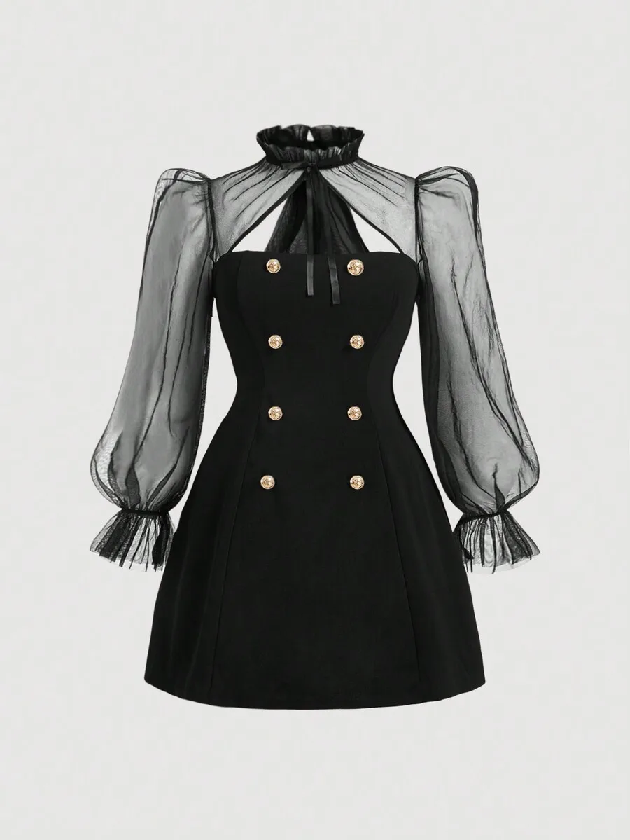 Black Double-Breasted Dress with Sheer Puff Sleeves and Tie Neck
Black Double-Breasted Dress with Sheer Puff Sleeves and Tie Neck