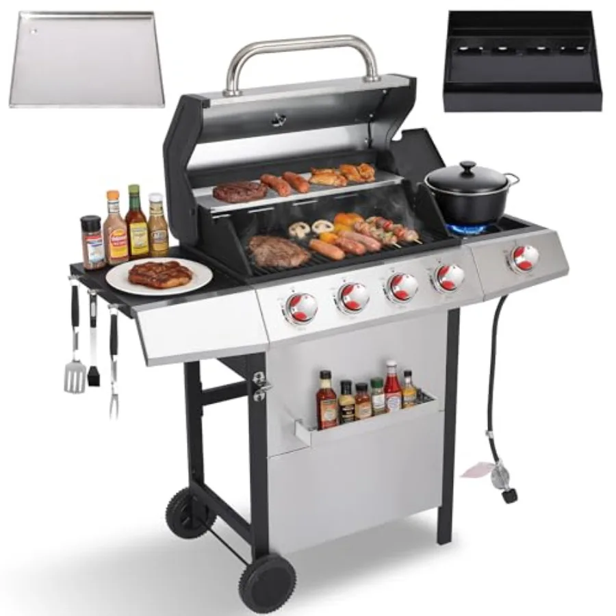 Outdoor BBQ grill combo for backyard cooking: porcelain-enameled cast iron grates, black finish, 4-burner propane + charcoal +
Outdoor BBQ grill combo for backyard cooking: porcelain-enameled cast iron grates, black finish, 4-burner propane + charcoal +