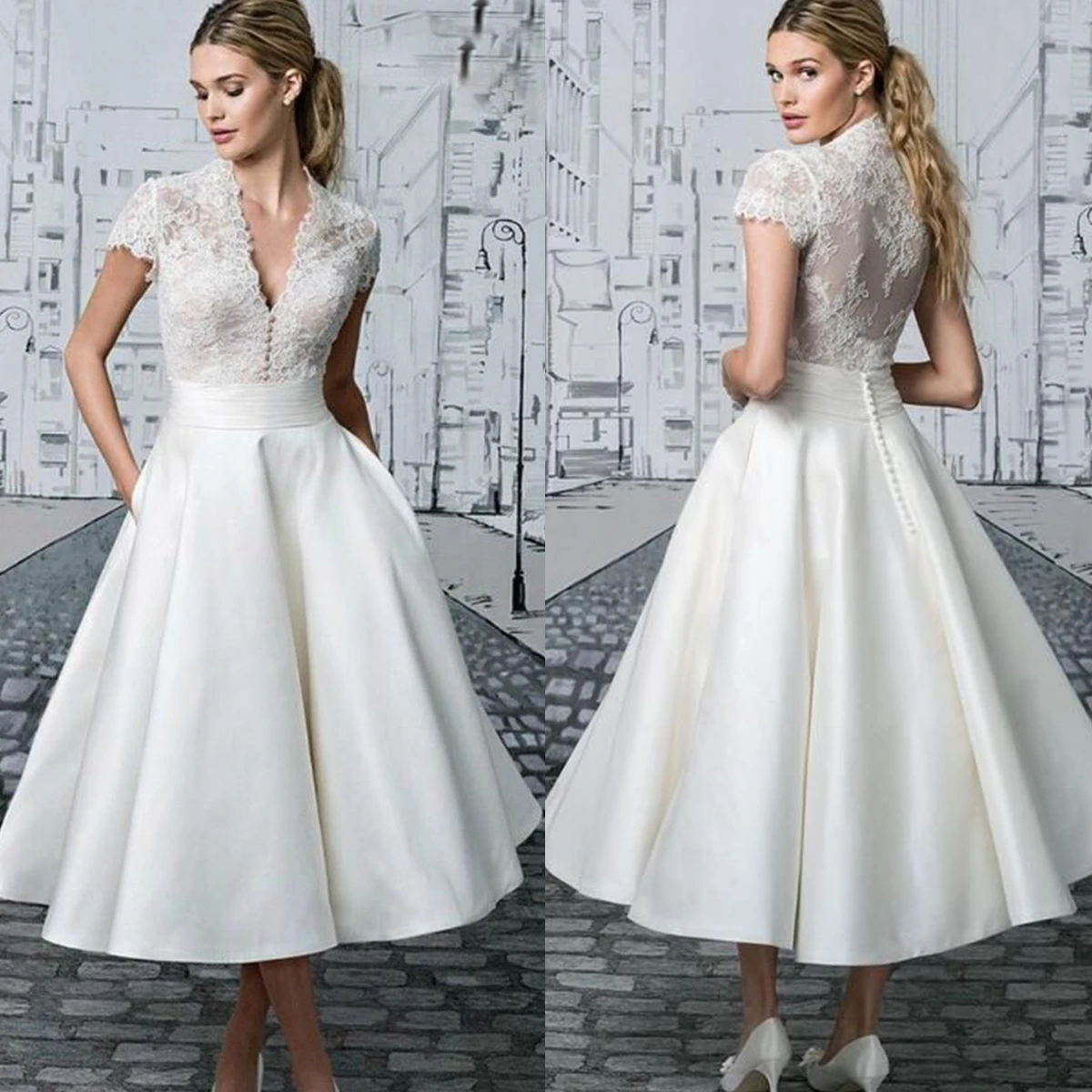 Tea Length Ivory A-Line Wedding Dresses With Pockets 2024 Vintage Bridal Gowns Lace Appliques Top Short Sleeves V-Neck Satin
Tea Length Ivory A-Line Wedding Dresses With Pockets 2024 Vintage Bridal Gowns Lace Appliques Top Short Sleeves V-Neck Satin