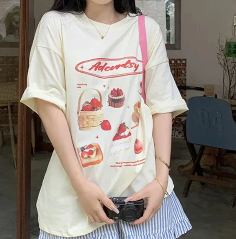 Chic Strawberry Print Shirts for Women Japanese Harajuku Short Sleeve O Neck Streetwear T-shirt Large 3XL Summer Woman T Shirts
Chic Strawberry Print Shirts for Women Japanese Harajuku Short Sleeve O Neck Streetwear T-shirt Large 3XL Summer Woman T Shirts