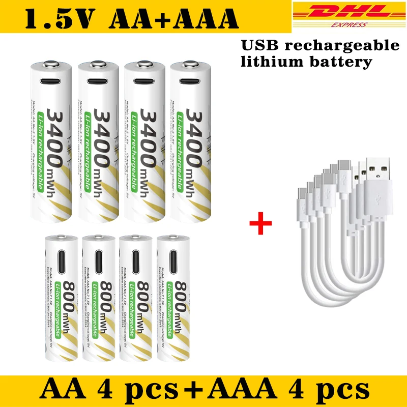 New Li-ion AAA and️ AA Rechargeable Batteries USB Lithium-ion 3400mWh 1.5V AA Rechargeable Batteries+800mWh 1.5V AAA Batt
New Li-ion AAA and️ AA Rechargeable Batteries USB Lithium-ion 3400mWh 1.5V AA Rechargeable Batteries+800mWh 1.5V AAA Batt