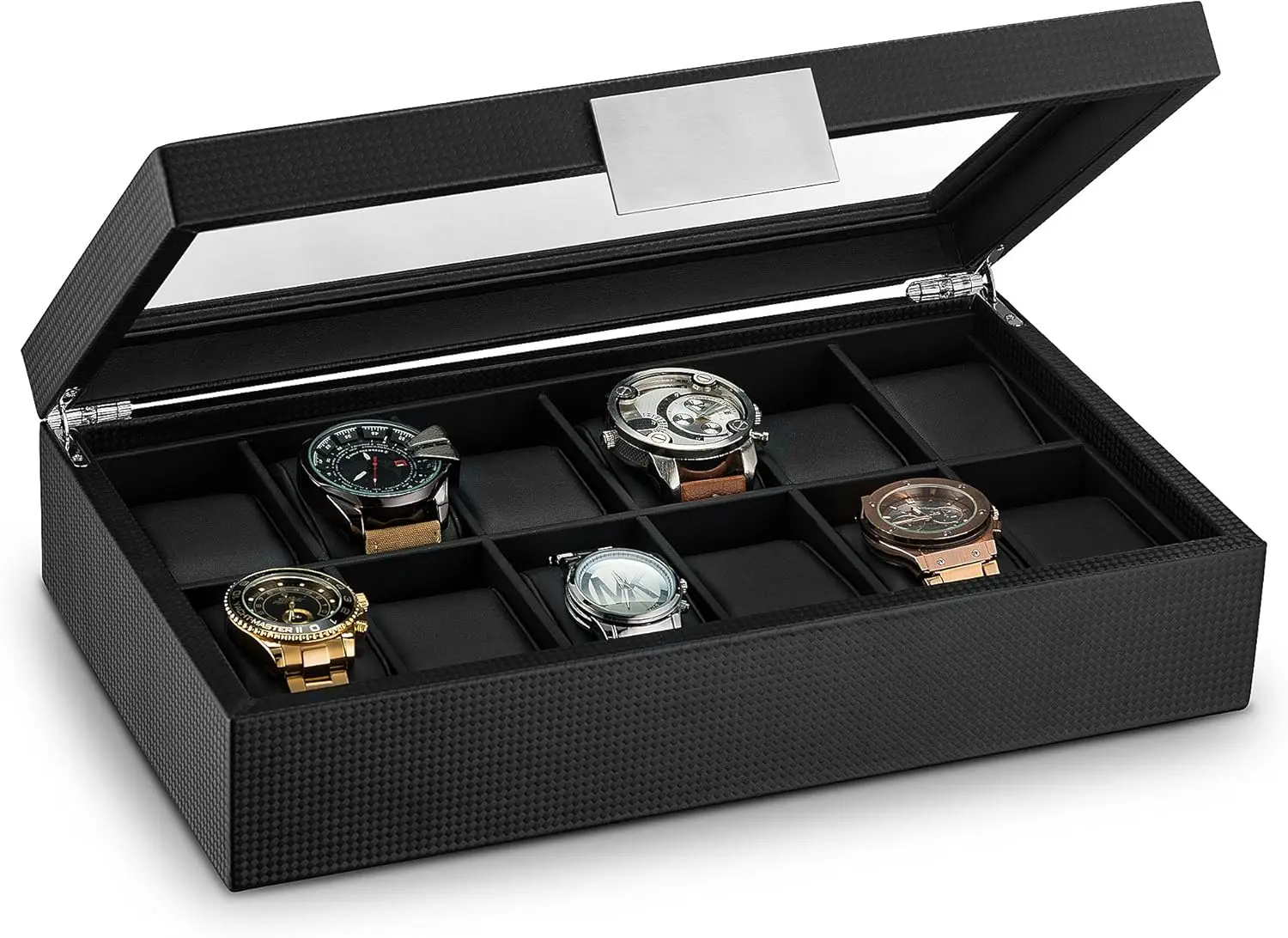 12-Slot Luxury Carbon Fiber Watch Display Case with Metal Buckle, Large Holder for Men - Black
12-Slot Luxury Carbon Fiber Watch Display Case with Metal Buckle, Large Holder for Men - Black