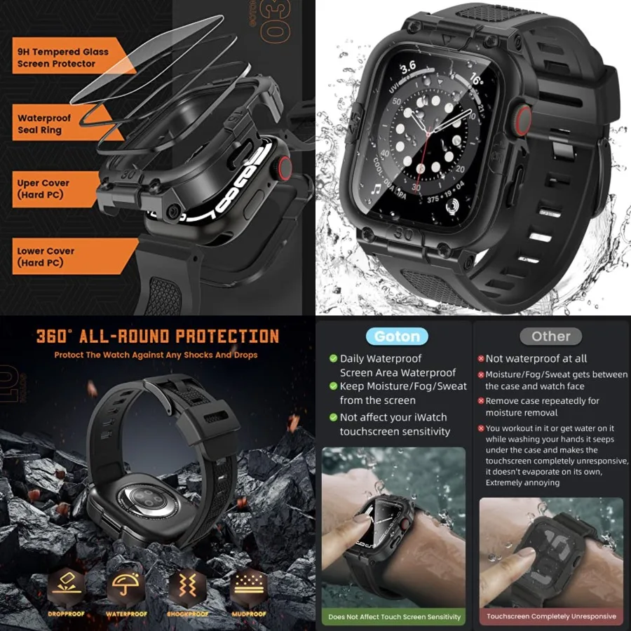 3 in 1 Waterproof Case with Band for Apple Watch with Built-in Tempered Glass Screen Protector, 360 Shockproof Bumper Face Cove
3 in 1 Waterproof Case with Band for Apple Watch with Built-in Tempered Glass Screen Protector, 360 Shockproof Bumper Face Cove