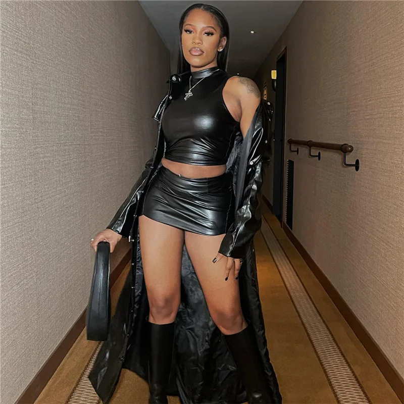 2024 Summer Black PU Face Stand Up Collar Sleeveless Wrinkled Irregular Waist Wrapping Skirt Set For Women
2024 Summer Black PU Face Stand Up Collar Sleeveless Wrinkled Irregular Waist Wrapping Skirt Set For Women