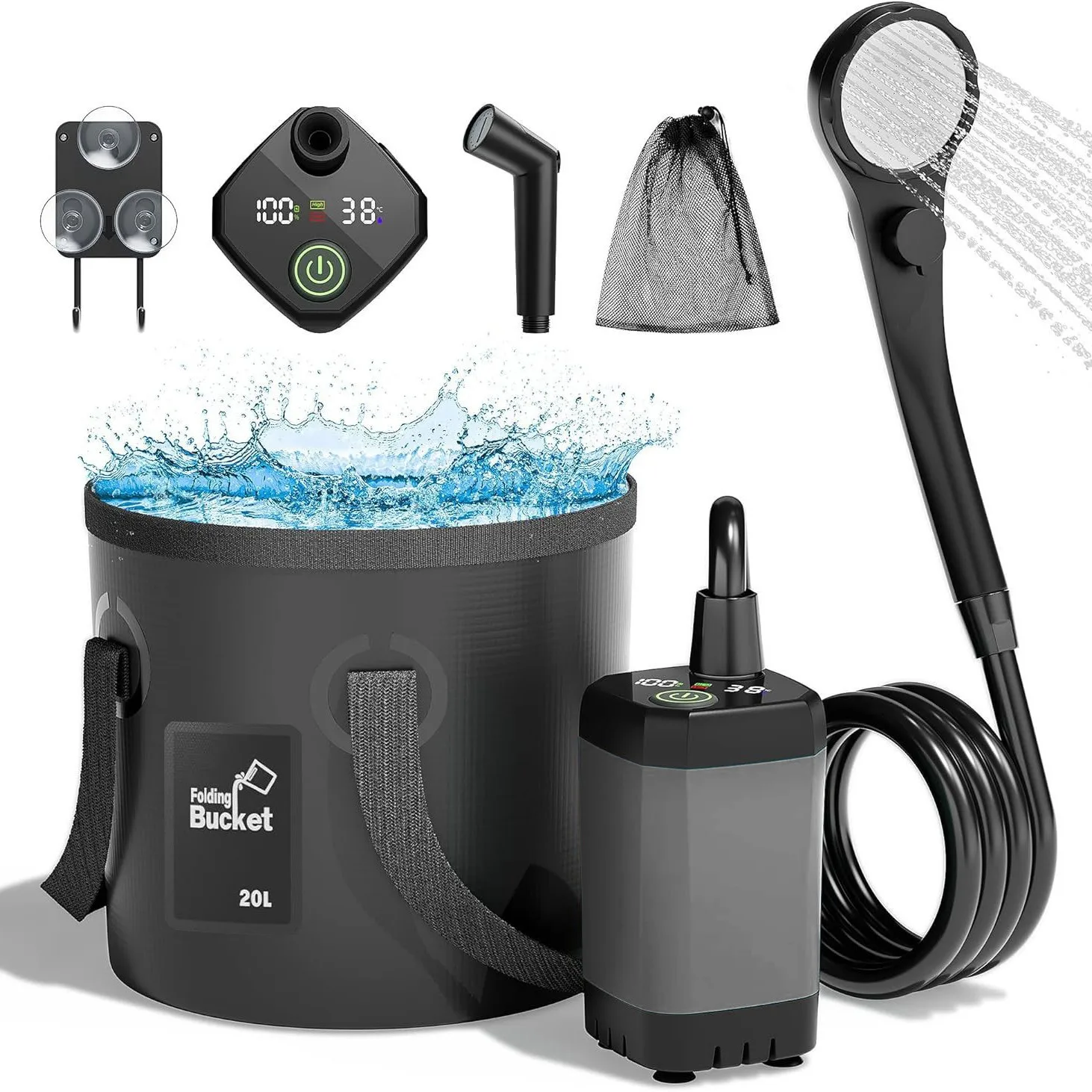 Portable camping shower unit 6000mAh rechargeable shower pump, filter shower head and foldable bucket, outdoor shower unit
Portable camping shower unit 6000mAh rechargeable shower pump, filter shower head and foldable bucket, outdoor shower unit