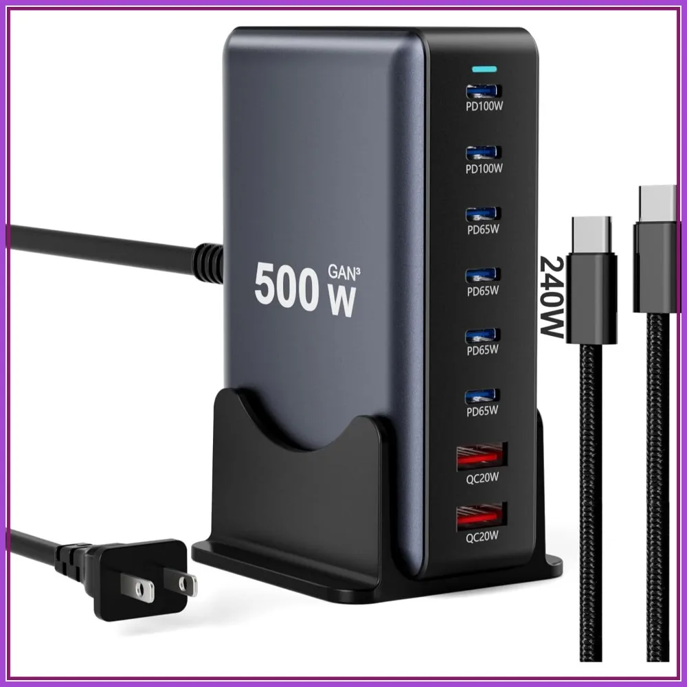 500W Fast Charging 8 Port USB C Charger Block with Nylon Cable, Multi-Device Station GaN III for MacBook/iPad/iPhone
500W Fast Charging 8 Port USB C Charger Block with Nylon Cable, Multi-Device Station GaN III for MacBook/iPad/iPhone
