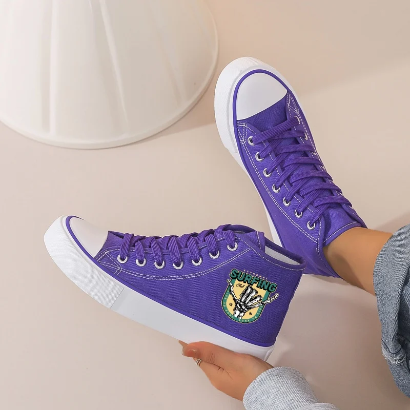 Women's Purple High-Top Canvas Sneakers: Platform & Lace-Up with Surfing Graphic. Pair with Jeans, Shorts & Dresses.
Women's Purple High-Top Canvas Sneakers: Platform & Lace-Up with Surfing Graphic. Pair with Jeans, Shorts & Dresses.