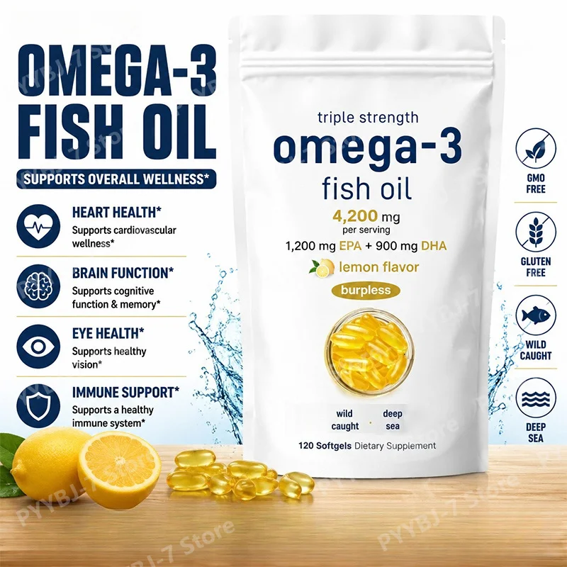 Premium Omega-3 Fish Oil Softgels Supplements 4200mg,120 Count, EPA & DHA, Lemon Flavor, Burpless, Daily Nutritional Support
Premium Omega-3 Fish Oil Softgels Supplements 4200mg,120 Count, EPA & DHA, Lemon Flavor, Burpless, Daily Nutritional Support