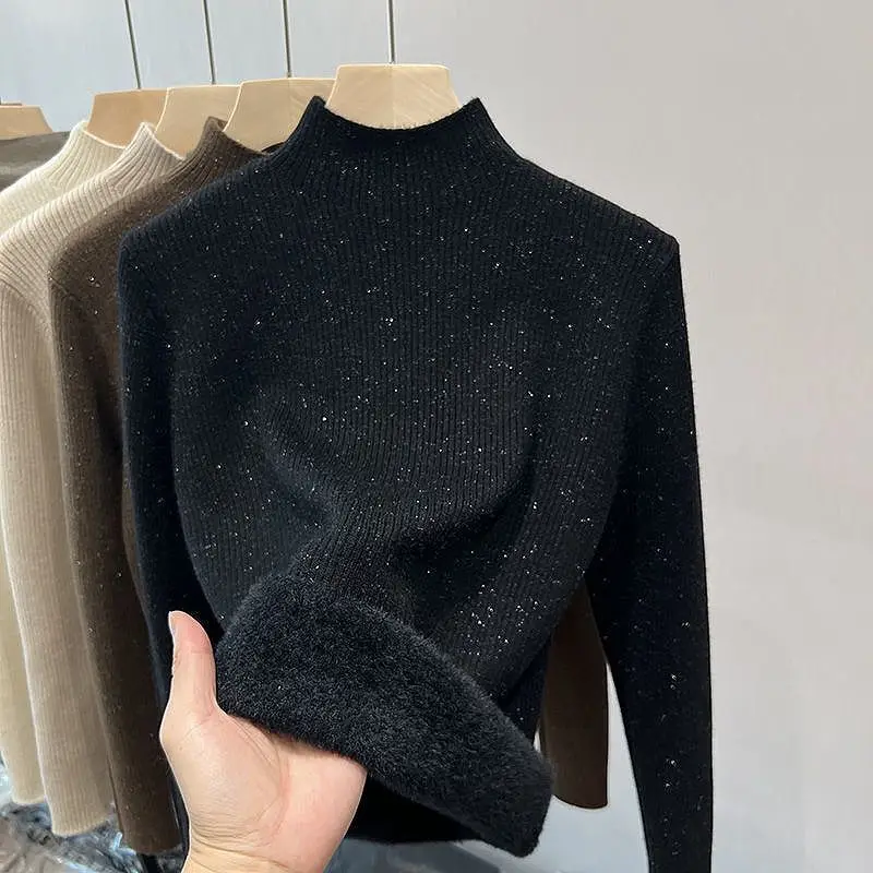 French Elegant Bright Silk Half High Neck Knitted Sweater for Women Autumn and Winter Thick Velvet Warm Knit Base Sweater 29788
French Elegant Bright Silk Half High Neck Knitted Sweater for Women Autumn and Winter Thick Velvet Warm Knit Base Sweater 29788