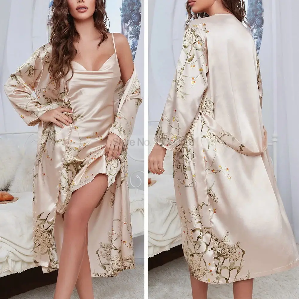 Spring Summer Female Kimono Bathrobe Gown Sexy Print Cherry 2PCS Robe Nightgown Set Loose Satin Home Dressing Gown Nightwear
Spring Summer Female Kimono Bathrobe Gown Sexy Print Cherry 2PCS Robe Nightgown Set Loose Satin Home Dressing Gown Nightwear