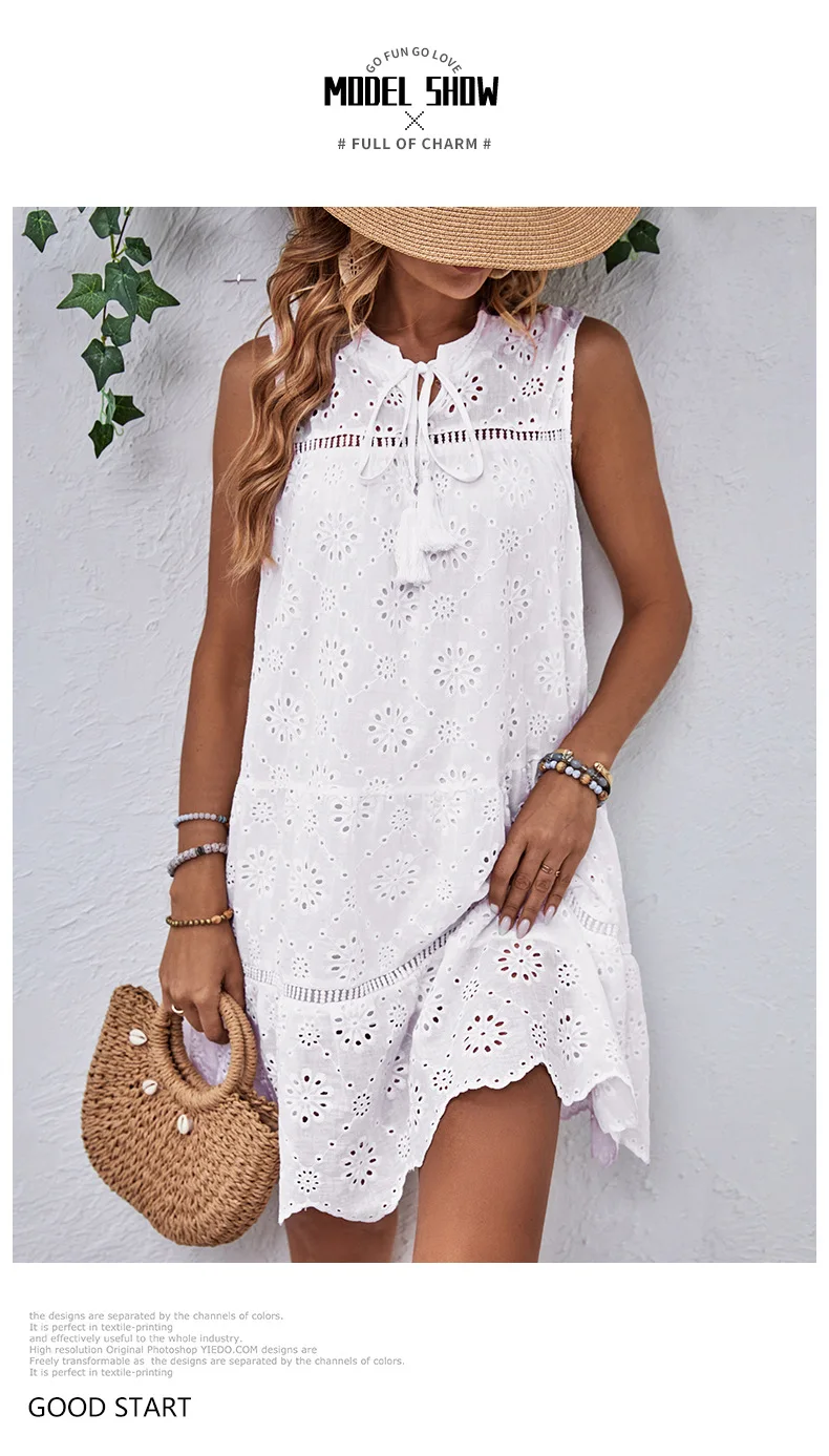 Summer Women's A-line Dress Lace Hollow Sleeveless White O-neck Sweet Style Cool Loose Comfortable Short Dresses For Women
Summer Women's A-line Dress Lace Hollow Sleeveless White O-neck Sweet Style Cool Loose Comfortable Short Dresses For Women