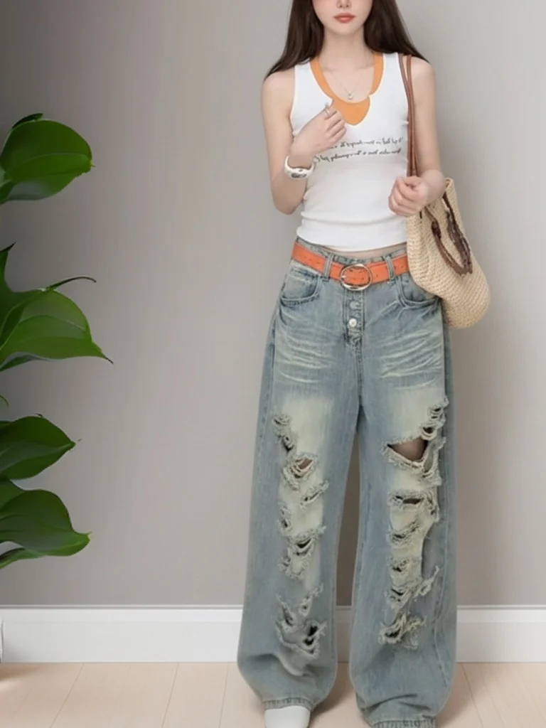 Retro American Casual High Waist Straight Leg Jeans Women's Wide Leg Long Pants Torn Hole Design Breathable Summer Jeans
Retro American Casual High Waist Straight Leg Jeans Women's Wide Leg Long Pants Torn Hole Design Breathable Summer Jeans