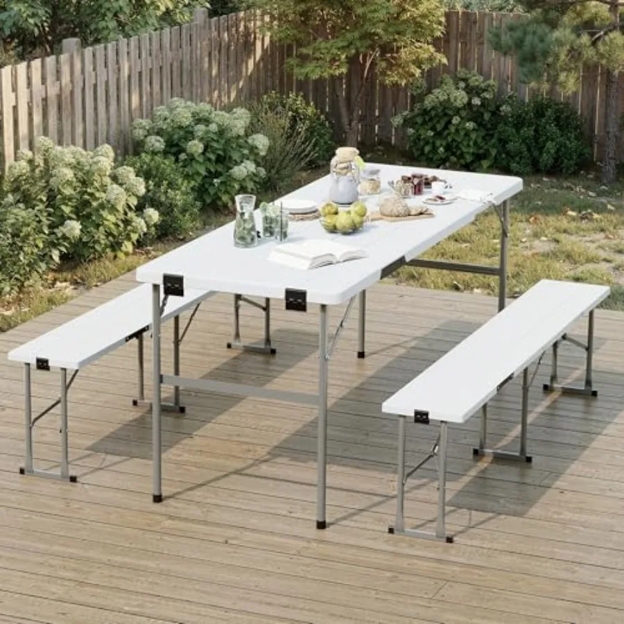 Picnic Table Set with 2 Benches, 6 Feet Folding Camping Table Chair Set, Portable 3-Piece Outdoor Furniture with Wood Grain Top
Picnic Table Set with 2 Benches, 6 Feet Folding Camping Table Chair Set, Portable 3-Piece Outdoor Furniture with Wood Grain Top