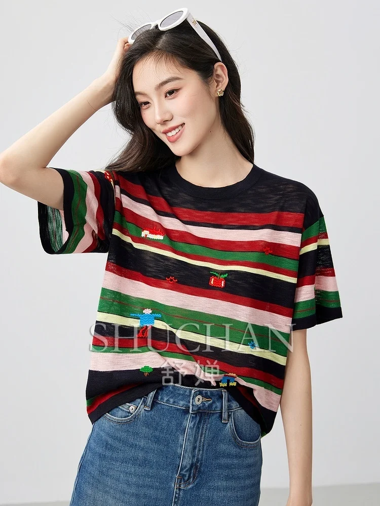 T-shirt Childlike Cartoon Villain Embroidery Fashionable Contrasting Striped Bamboo Joint Texture Knitted Round Neck
T-shirt Childlike Cartoon Villain Embroidery Fashionable Contrasting Striped Bamboo Joint Texture Knitted Round Neck