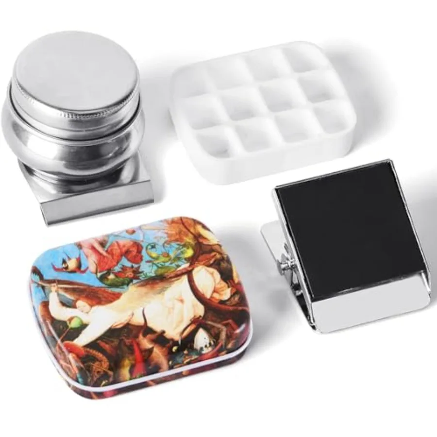 Portable Mini Tin Box 12-Well Empty Watercolor Palette Paint Mixing Tray is a Small Storage Kit with Magnetic Clip and Oil Pot,
Portable Mini Tin Box 12-Well Empty Watercolor Palette Paint Mixing Tray is a Small Storage Kit with Magnetic Clip and Oil Pot,