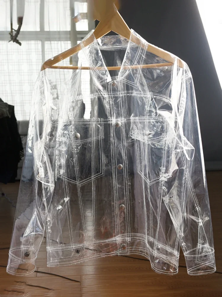 Men Clear PVC Jacket Transparent Long Sleeve See Through Chic Coat TPU Laple Neck Tee Shirt Hip Hop Streetwear Cubwear Custom
Men Clear PVC Jacket Transparent Long Sleeve See Through Chic Coat TPU Laple Neck Tee Shirt Hip Hop Streetwear Cubwear Custom