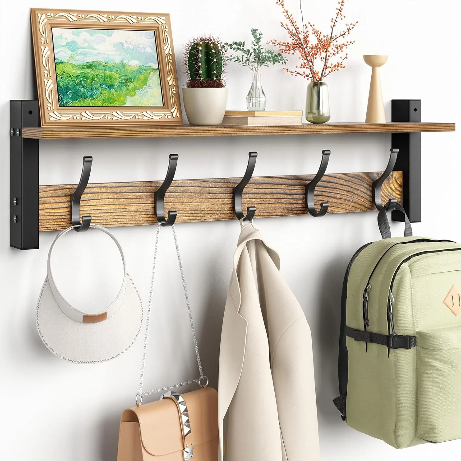 Wall Mounted Coat Rack With Shelf 24 Inch, 5 Hooks Hat Rack For Entryway, Brown Wooden Hanger For Coats And Bags
Wall Mounted Coat Rack With Shelf 24 Inch, 5 Hooks Hat Rack For Entryway, Brown Wooden Hanger For Coats And Bags