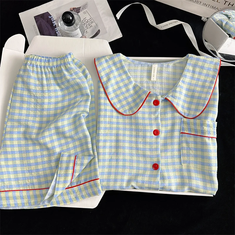 Summer Short Sleeve Sleepwear Women's Bubble Gauze Pleated Cardigan Sweet Little Cherry Thin Home Clothes Set Casual Style 12 Sf05078781dcd4529acbad6cfe32d9461h