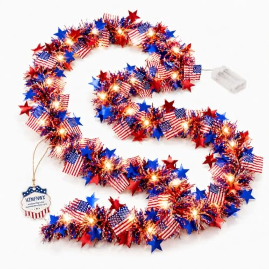 American Flag and Star Red White Blue Fairy Lights, Battery Operated Patriotic Lights with Tinsel Garland, Warm White LED 4th o
American Flag and Star Red White Blue Fairy Lights, Battery Operated Patriotic Lights with Tinsel Garland, Warm White LED 4th o