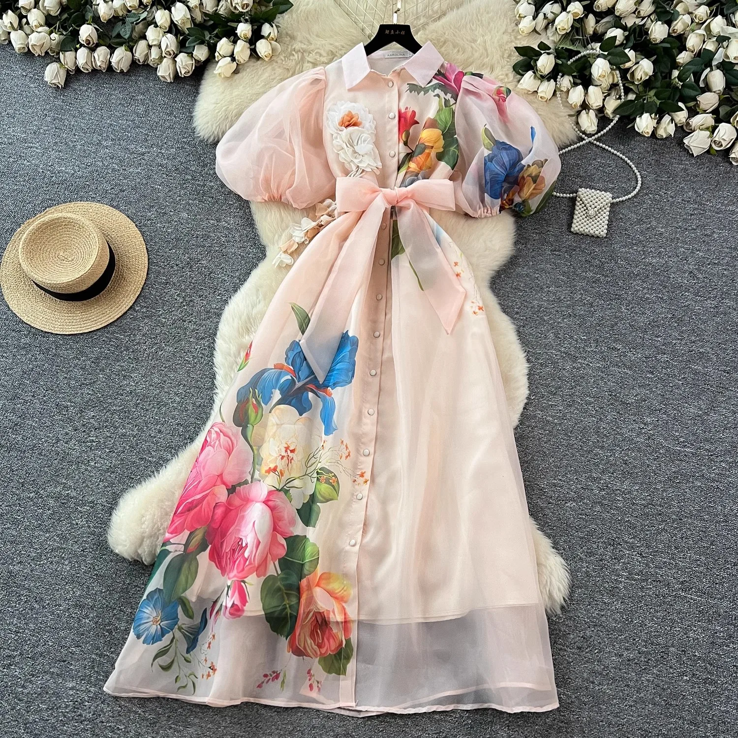 Summer Runway Lantern Sleeve 3D Applique Long Dress Women's Lapel Floral Print Organza Holiday Dress Luxury Evening Formal Robe
Summer Runway Lantern Sleeve 3D Applique Long Dress Women's Lapel Floral Print Organza Holiday Dress Luxury Evening Formal Robe
