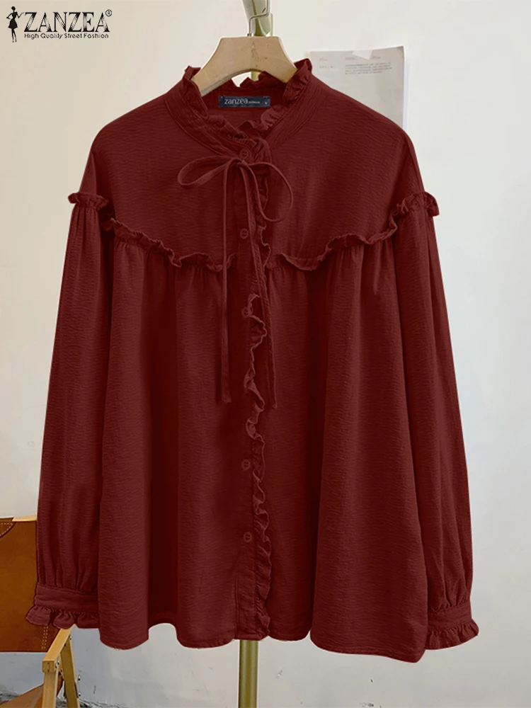 ZANZEA Long Puff Sleeve Casual Tunic Tops Elegant Solid Crinkled Texture Stand Collar Chemise Ruffle Trim Women Lace-Up Shirts
ZANZEA Long Puff Sleeve Casual Tunic Tops Elegant Solid Crinkled Texture Stand Collar Chemise Ruffle Trim Women Lace-Up Shirts