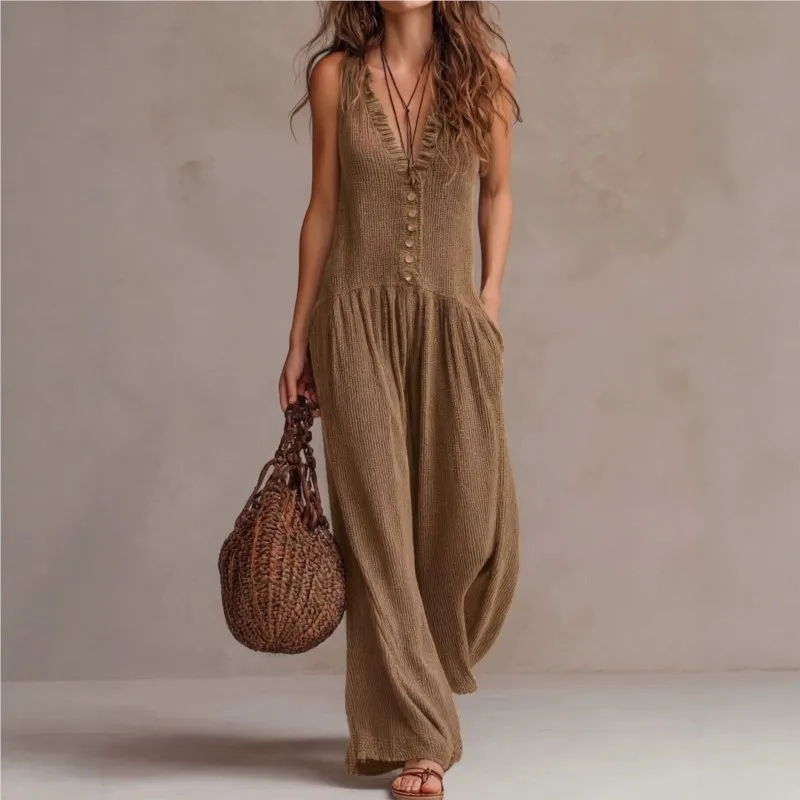 Button Splicing Design Women's Jumpsuit Summer Fashion Sleeveless Sexy Deep V-neck Jumpsuits Ladies Loose Romper With Pocket
Button Splicing Design Women's Jumpsuit Summer Fashion Sleeveless Sexy Deep V-neck Jumpsuits Ladies Loose Romper With Pocket
