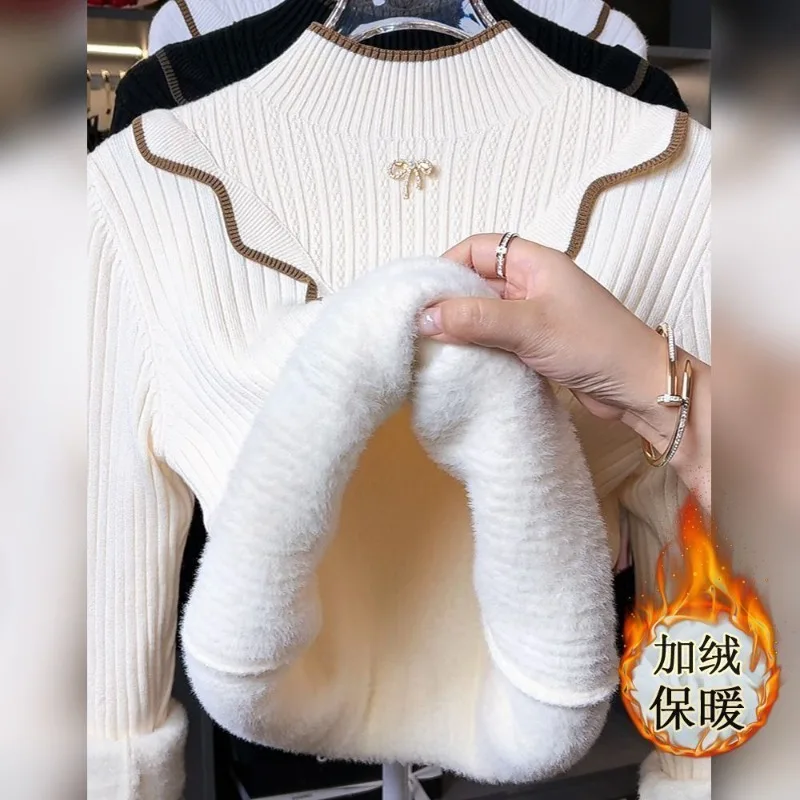 Knitted Women Sweater Elegant Bow Splicing Ruffles Warm Half-high Collar Pullover Fleece Thick Ribbed Mink Velvet Knitwear Shirt
Knitted Women Sweater Elegant Bow Splicing Ruffles Warm Half-high Collar Pullover Fleece Thick Ribbed Mink Velvet Knitwear Shirt