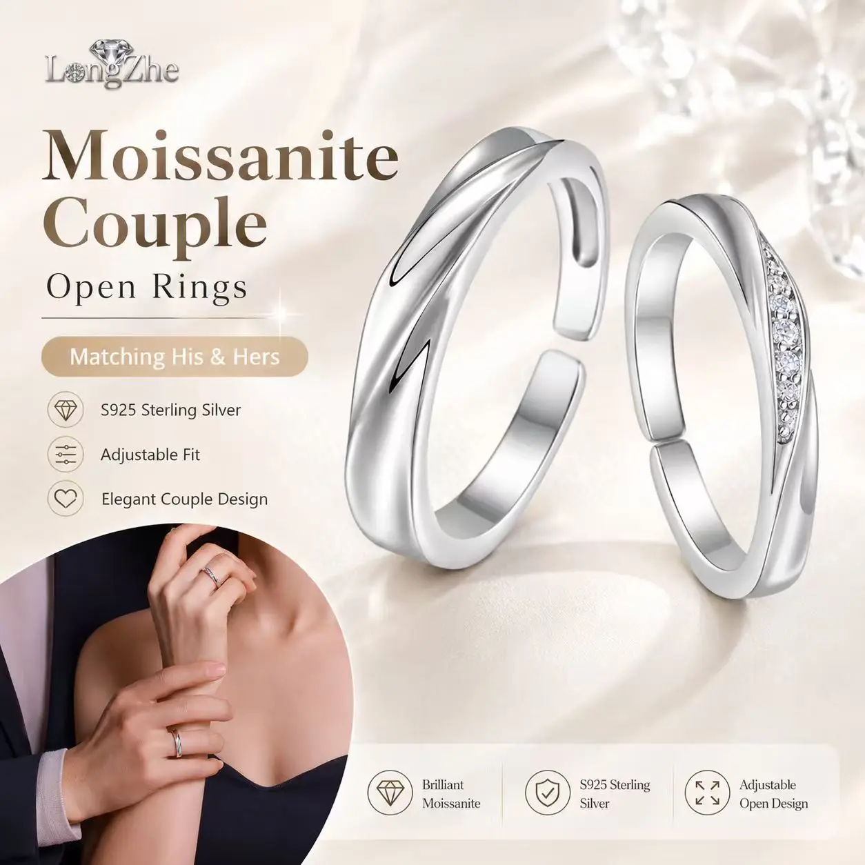 Moissanite Couple Rings S925 Sterling Silver Adjustable Open Matching Rings for Women Men His Hers Wedding Promise Jewelry Gift
Moissanite Couple Rings S925 Sterling Silver Adjustable Open Matching Rings for Women Men His Hers Wedding Promise Jewelry Gift