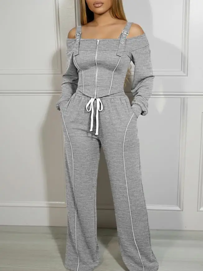 Autumn New Women's Fashionable Off Shoulder Zipper Front Long Sleeved Top and Lace Up Spliced Straight Leg Pants Set
Autumn New Women's Fashionable Off Shoulder Zipper Front Long Sleeved Top and Lace Up Spliced Straight Leg Pants Set
