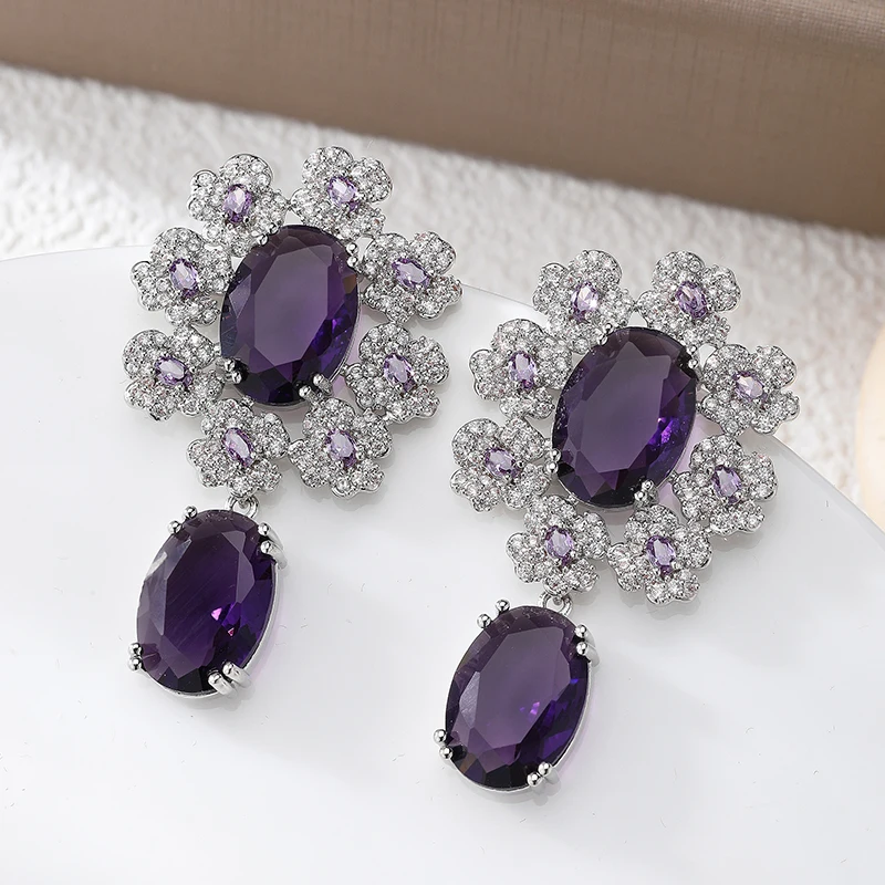 Retro Silver Plated Flower Wedding Drop Earrings Luxury Purple Big Egg Zircon Stone Fashion Women Jewelry Gifts Bridal Earrings
Retro Silver Plated Flower Wedding Drop Earrings Luxury Purple Big Egg Zircon Stone Fashion Women Jewelry Gifts Bridal Earrings