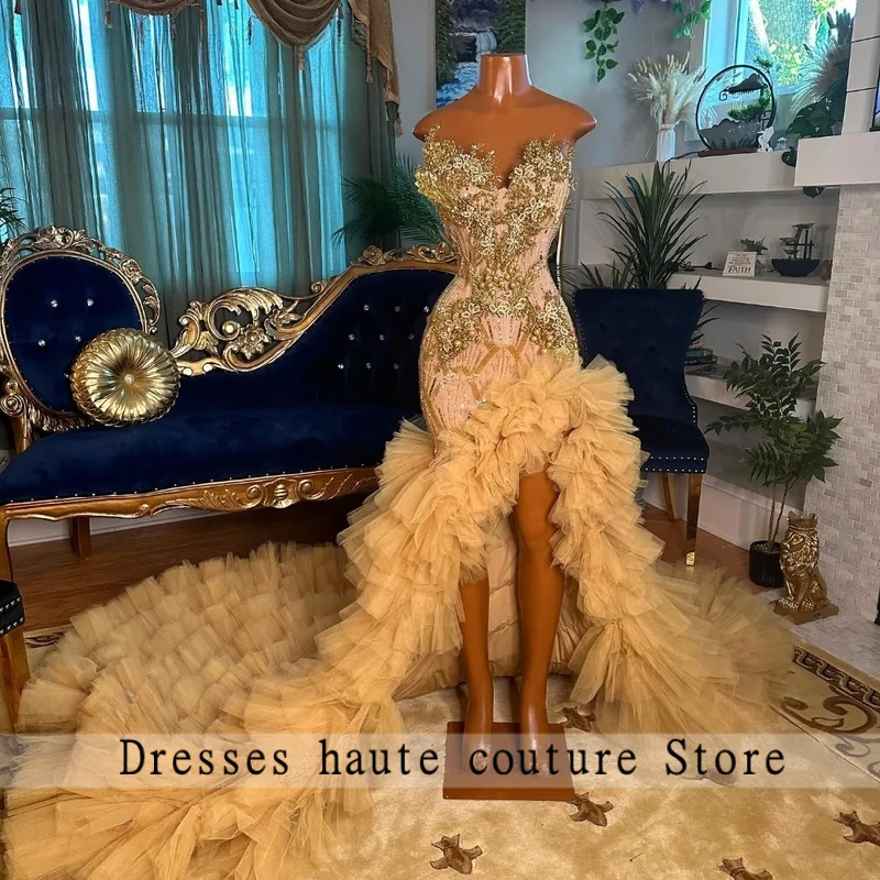 Customized Gold Ruffles Diamond Prom Dress Black Girl 2026 Rhinestone Crystal Beaded High Slit Party Gala Evening Gowns
Customized Gold Ruffles Diamond Prom Dress Black Girl 2026 Rhinestone Crystal Beaded High Slit Party Gala Evening Gowns