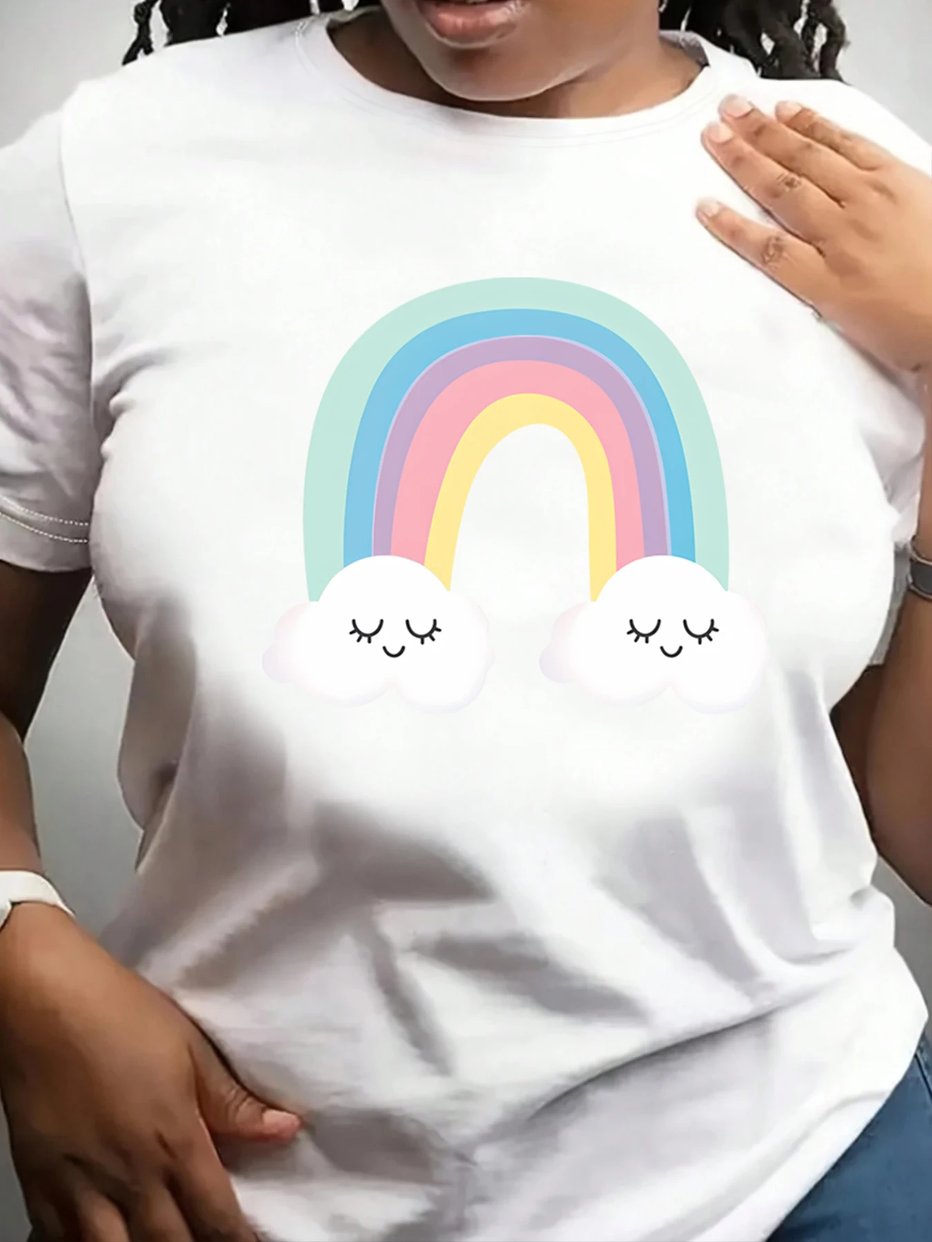 【ZXH11185】Cute Pastel Rainbow Smiling Clouds Graphic Plus Size Women's Printed Crew Neck T-Shirt Kawaii Casual Short Sleeve Top
【ZXH11185】Cute Pastel Rainbow Smiling Clouds Graphic Plus Size Women's Printed Crew Neck T-Shirt Kawaii Casual Short Sleeve Top