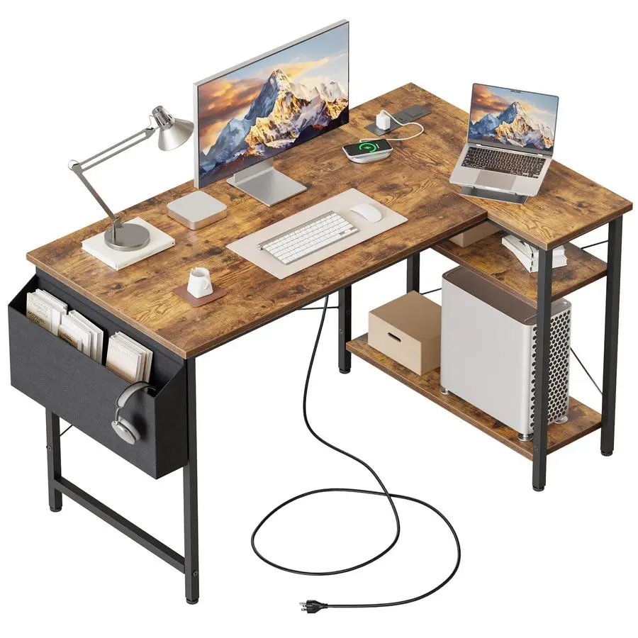 Маленький L-образный компьютерный стол с розетками, игровой стол для небольших помещений, угловой стол с двусторонними полками для хранения, шпилька
Маленький L-образный компьютерный стол с розетками, игровой стол для небольших помещений, угловой стол с двусторонними полками для хранения, шпилька