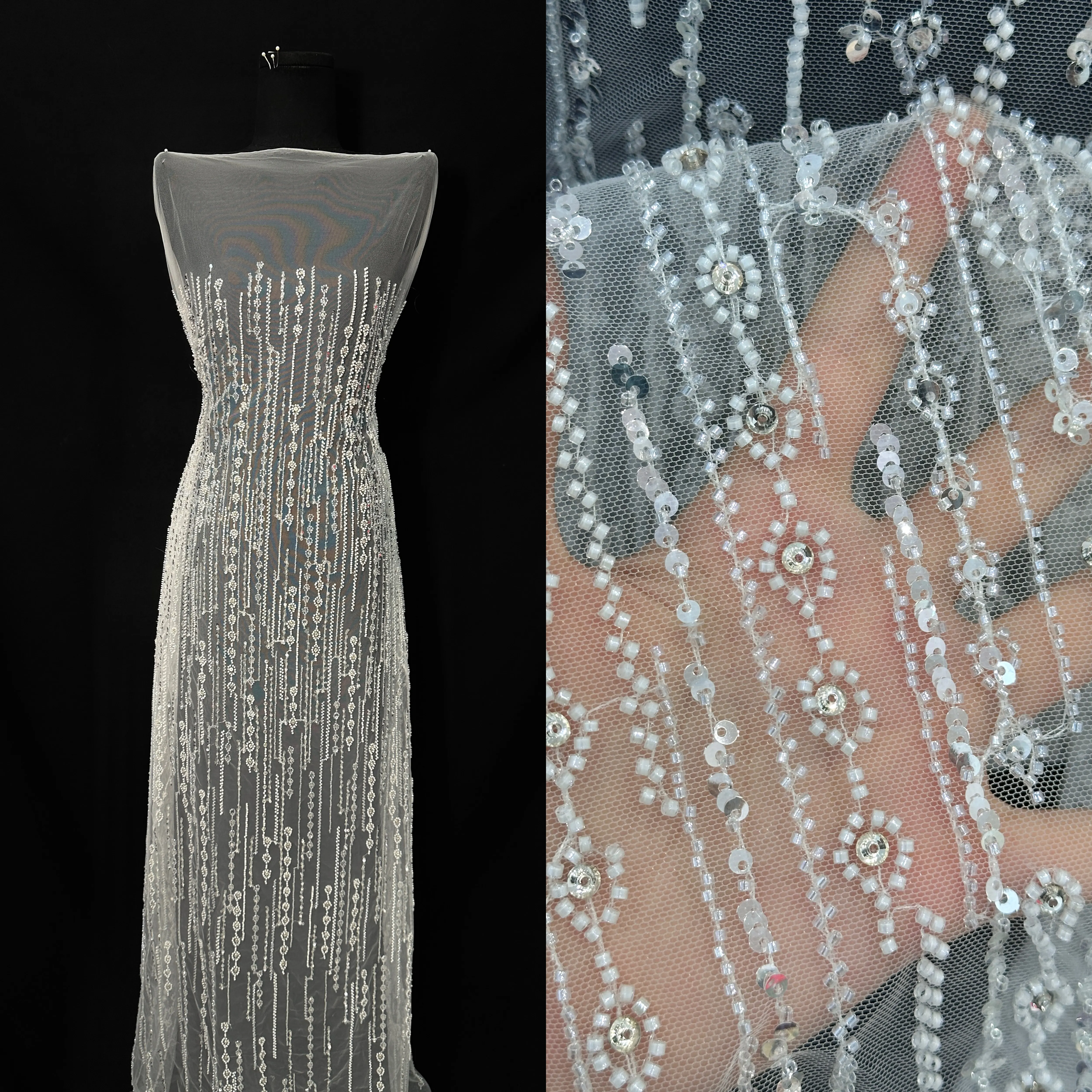 Embroidery French Lace Wedding Dress Embroidered White Tulle Fabric Sequins Beaded Embroidery Lace Fabric
Embroidery French Lace Wedding Dress Embroidered White Tulle Fabric Sequins Beaded Embroidery Lace Fabric