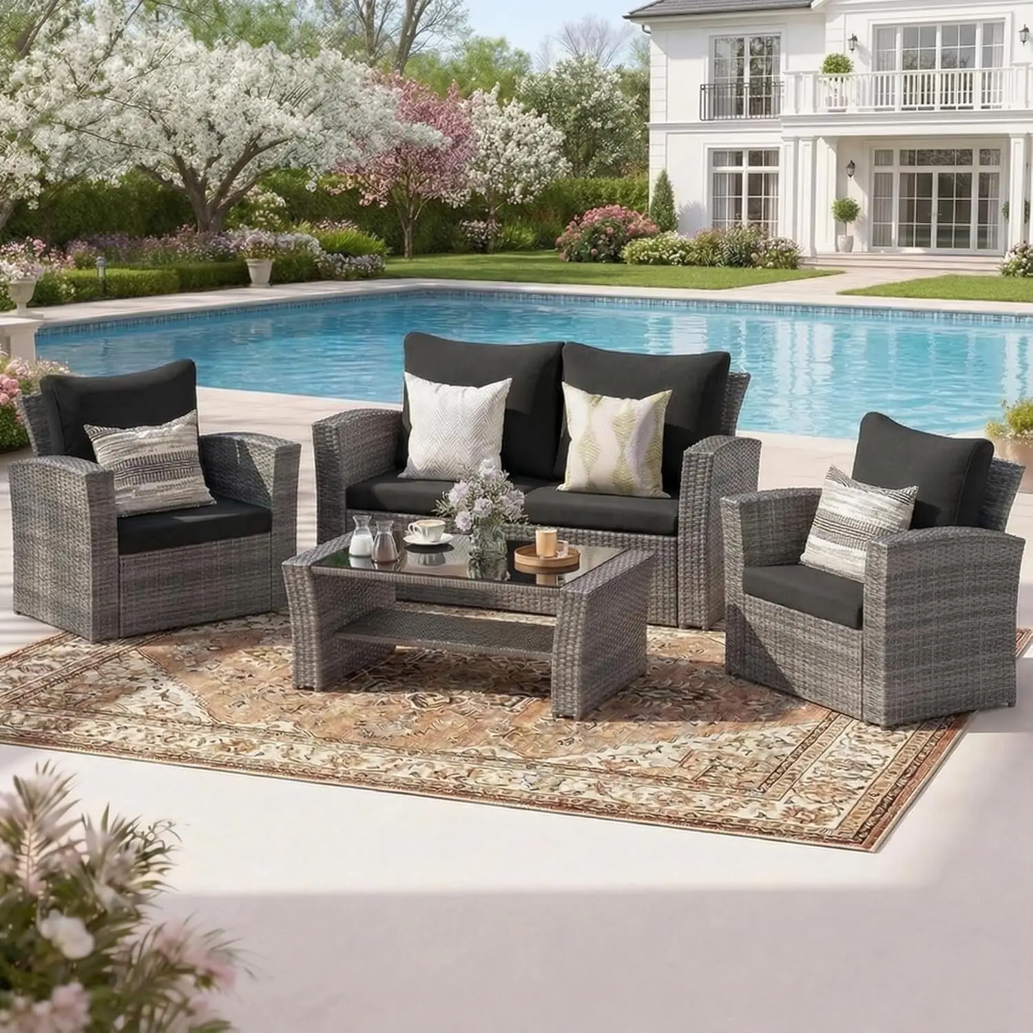 4-Piece All-Weather Patio Furniture Set with Cushion and Glass Table, Black Wicker Outdoor Sofa for Conversation
4-Piece All-Weather Patio Furniture Set with Cushion and Glass Table, Black Wicker Outdoor Sofa for Conversation