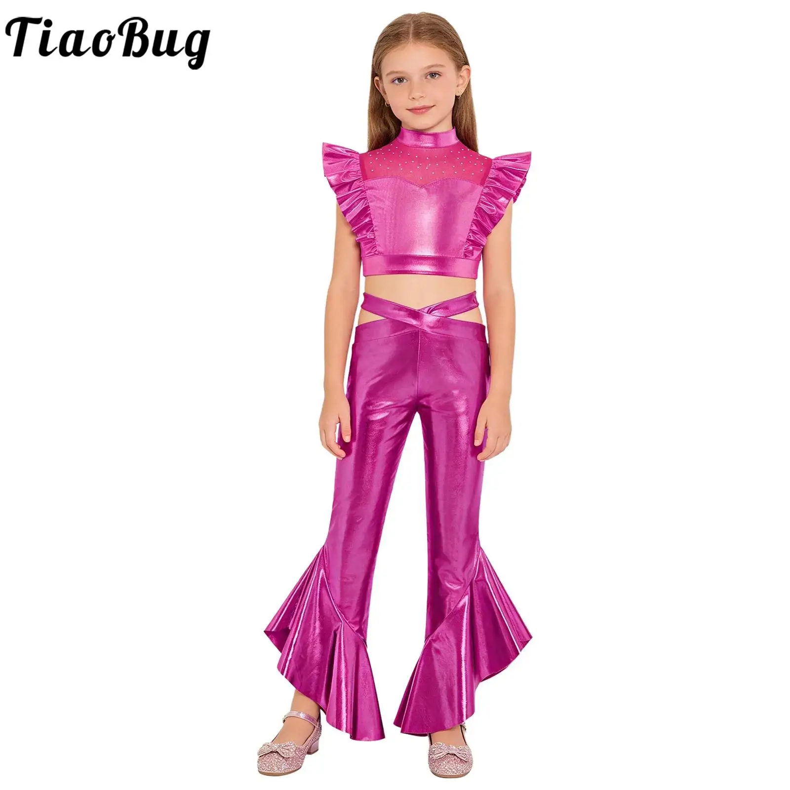 Kids Girls Jazz Dance Performance Outfit Modern Cheerleader Dancewear Sleeveless Rhinestones Mesh Crop Top with Flared Pants Set
Kids Girls Jazz Dance Performance Outfit Modern Cheerleader Dancewear Sleeveless Rhinestones Mesh Crop Top with Flared Pants Set