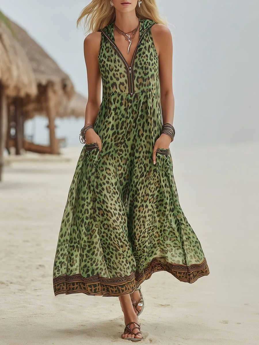 Women's A-Line Long Dress Zipper Sexy V-Neck Hooded Leopard Print Maxi Dress Summer Sleeveless Pocket Strapless Dresses
Women's A-Line Long Dress Zipper Sexy V-Neck Hooded Leopard Print Maxi Dress Summer Sleeveless Pocket Strapless Dresses