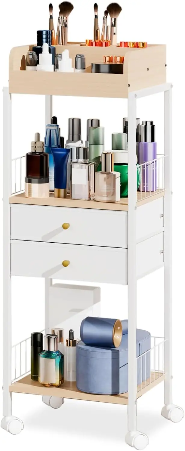 4-Tier Rolling Makeup Organizer Cart with Drawers, White
4-Tier Rolling Makeup Organizer Cart with Drawers, White